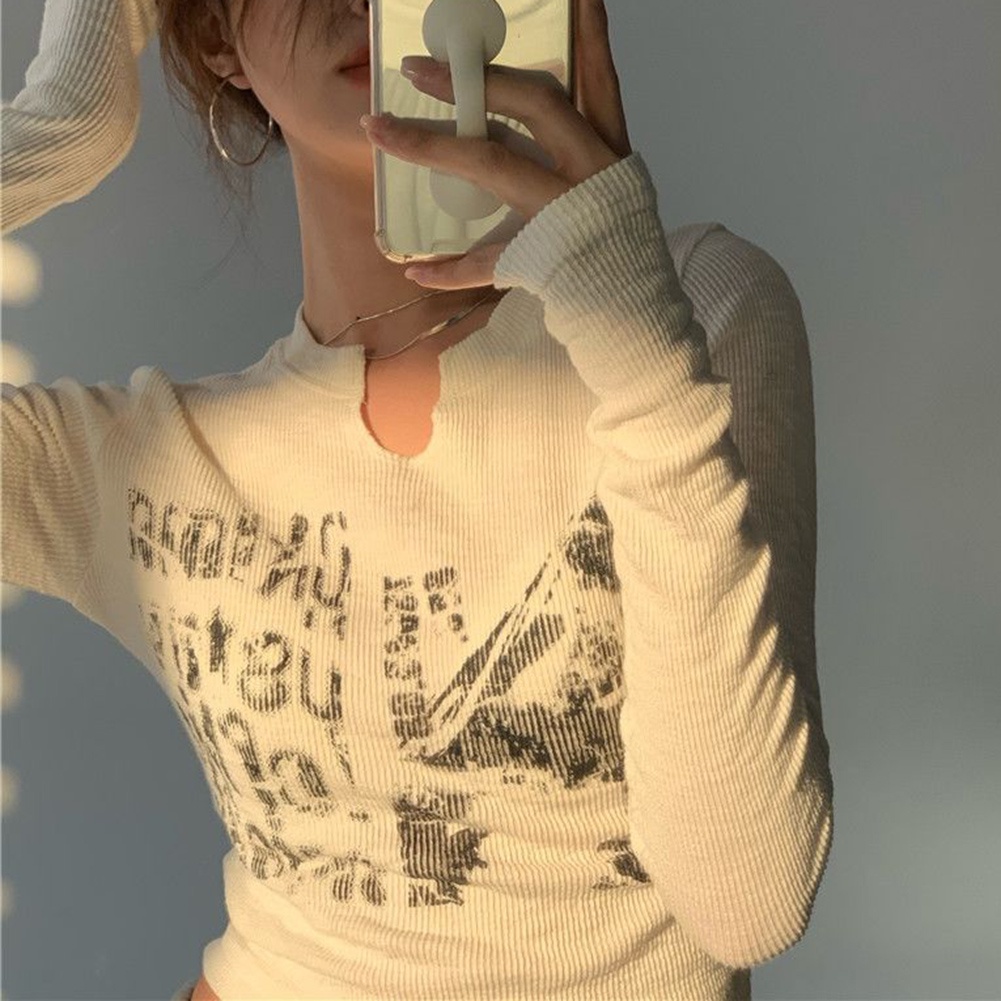 Áo Thun Dệt Kim Tay Dài Phong Cách Harajuku Vintage Cho Nữ Y2K