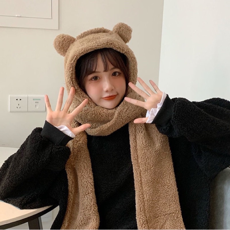 Khăn quàng bông gấu nâu trùm đầu dễ thương 🐻