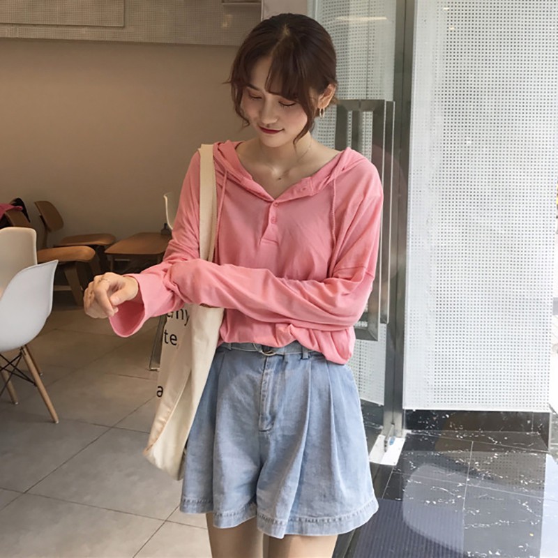 Áo Hoodies tay dài màu trơn thiết kế dáng rộng thoải mái