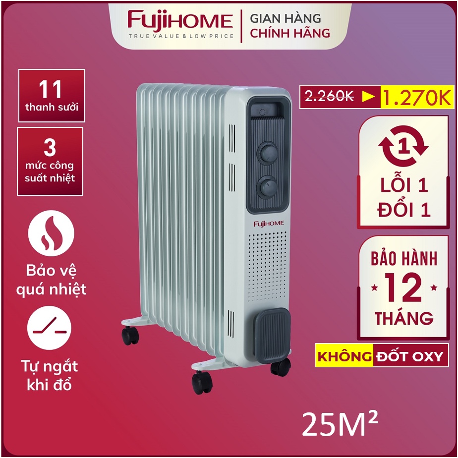 Máy sưởi dầu Nhật Bản Nhập Khẩu không khô da 11 thanh Fujihome, máy sưởi ấm điện không đốt oxy tự ngắt không gốm mini