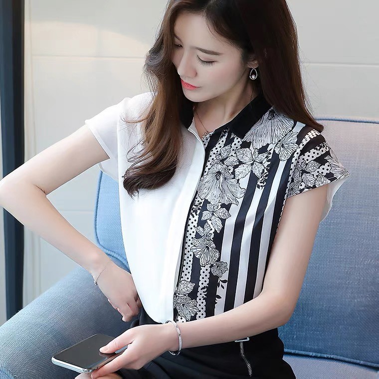 áo sơ mi cổ bẻ phối hoa bất đối xứng