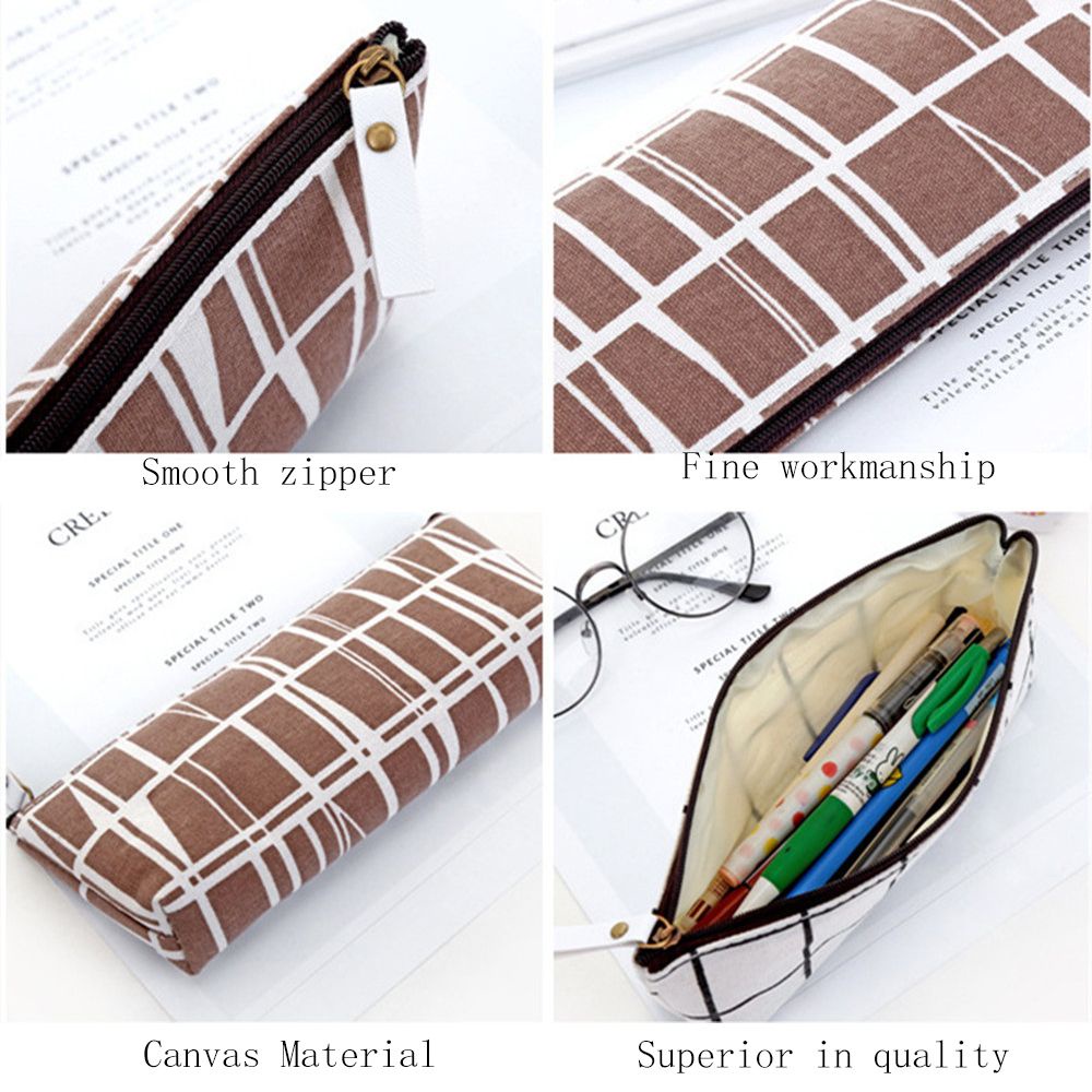 Túi đựng bút bằng vải canvas họa tiết caro đơn giản thời trang