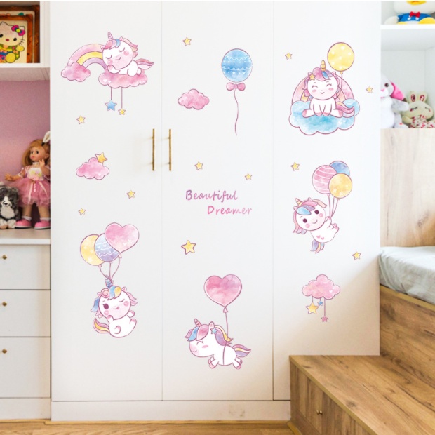 Decal giấy dán tường mẫu Những Bé Kỳ Lân đáng yêu màu hồng dễ thương