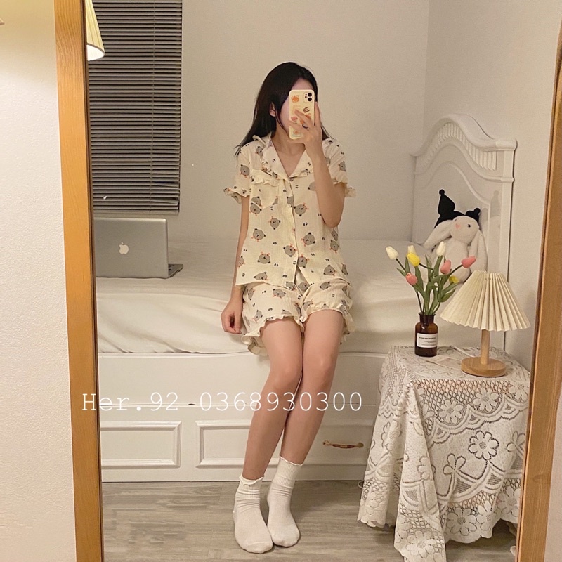 Đồ ngủ xinh bộ mặc nhà chất đũi hoạ tiết dễ thương phong cách hàn quốc