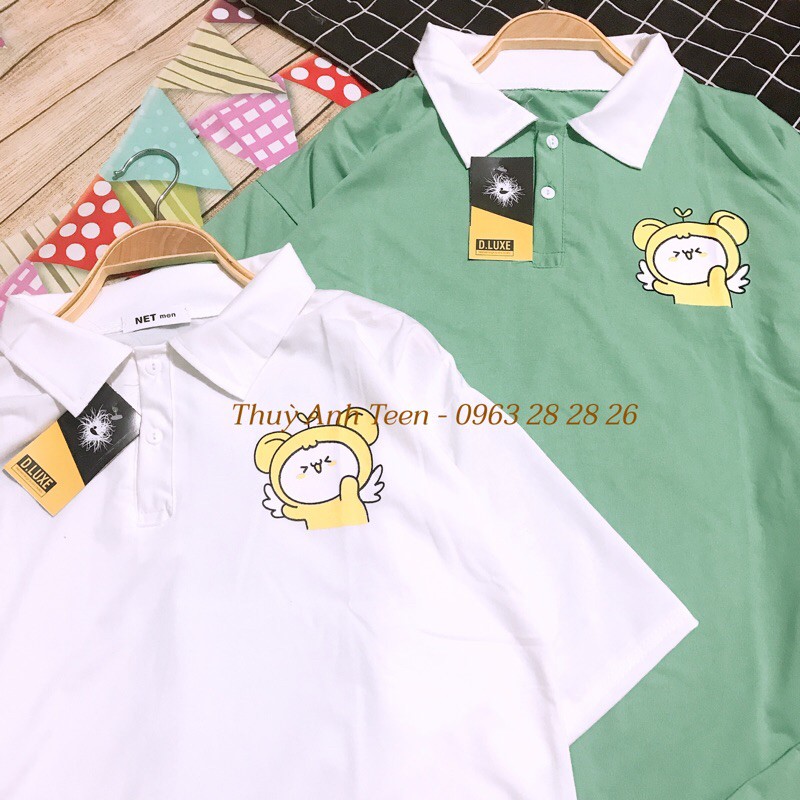 Áo thun Polo tay lỡ form thụng, Áo phông Unisex cổ bẻ dáng rộng in hình gấu | WebRaoVat - webraovat.net.vn