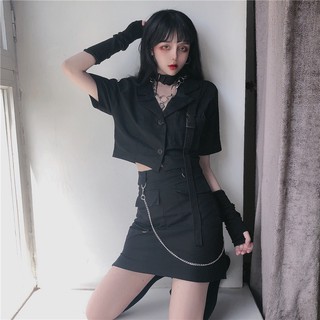 Set áo sơ mi nữ croptop nữ đen + váy ngắn đen ulzzang cá tính