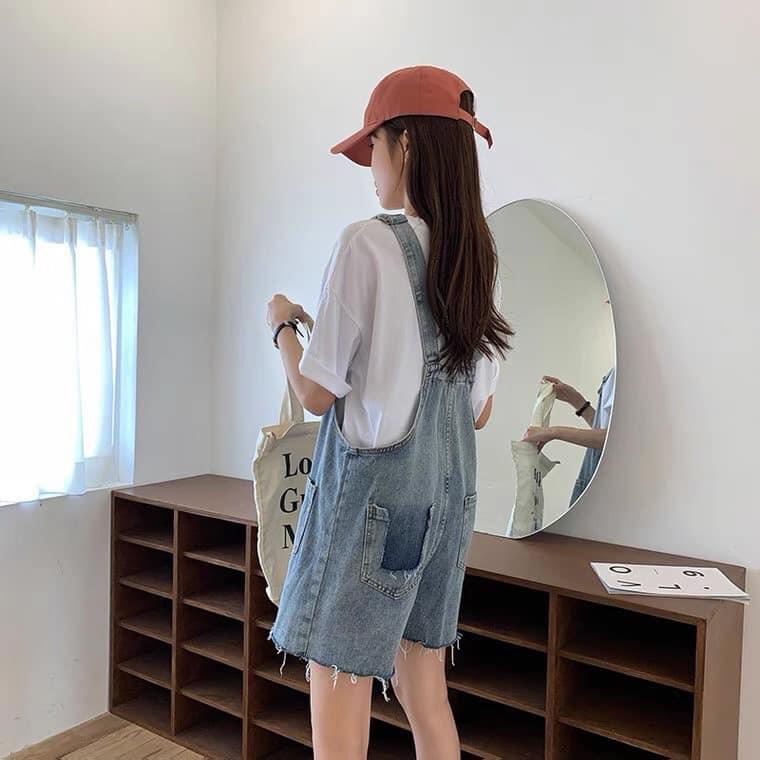 Yếm quần jean nữ dáng ngắn ống rộng unisex oversize chất bò dày dặn màu xanh nhạt phong cách ulzzang hàn quốc