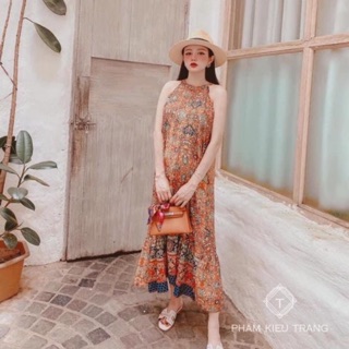 VÁY MAXI CỔ YẾM THỔ CẨM