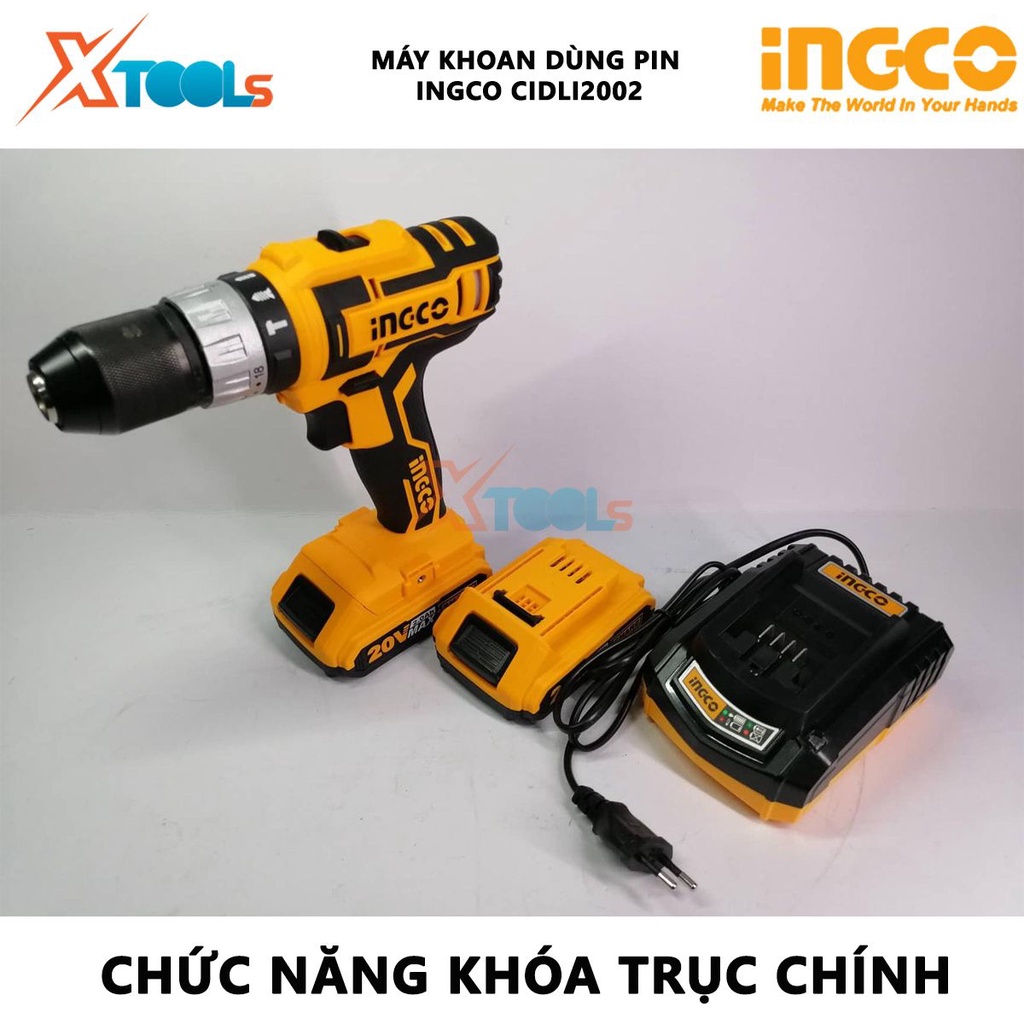 Máy khoan bê tông dùng pin 20V Ingco CIDLI2002 nhông hai tốc độ, khả năng khoan 0.85- 10mm, đầu khoan khóa tự động, nhôn