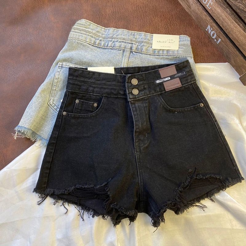 Quần Short Denim Lưng Cao Ống Rộng Phối Nút Phong Cách Hàn Quốc
