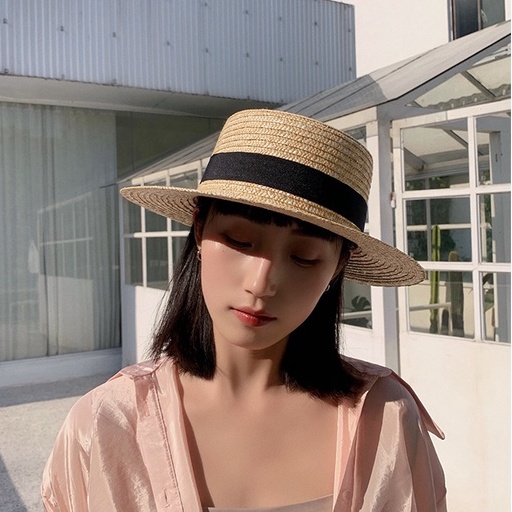 Mũ rơm đi biển Vintage Boater - viền nơ - vành rộng 7cm - (đóng hộp)