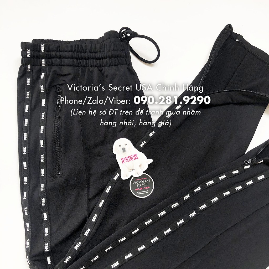 (Size M 09) Quần legging đen viền trắng 2 bên, form ôm, tạo dáng, Skinny Track Pant, Black - Victoria's Secret