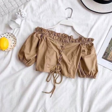 Áo croptop bệt vai đan dây tay phồng | BigBuy360 - bigbuy360.vn