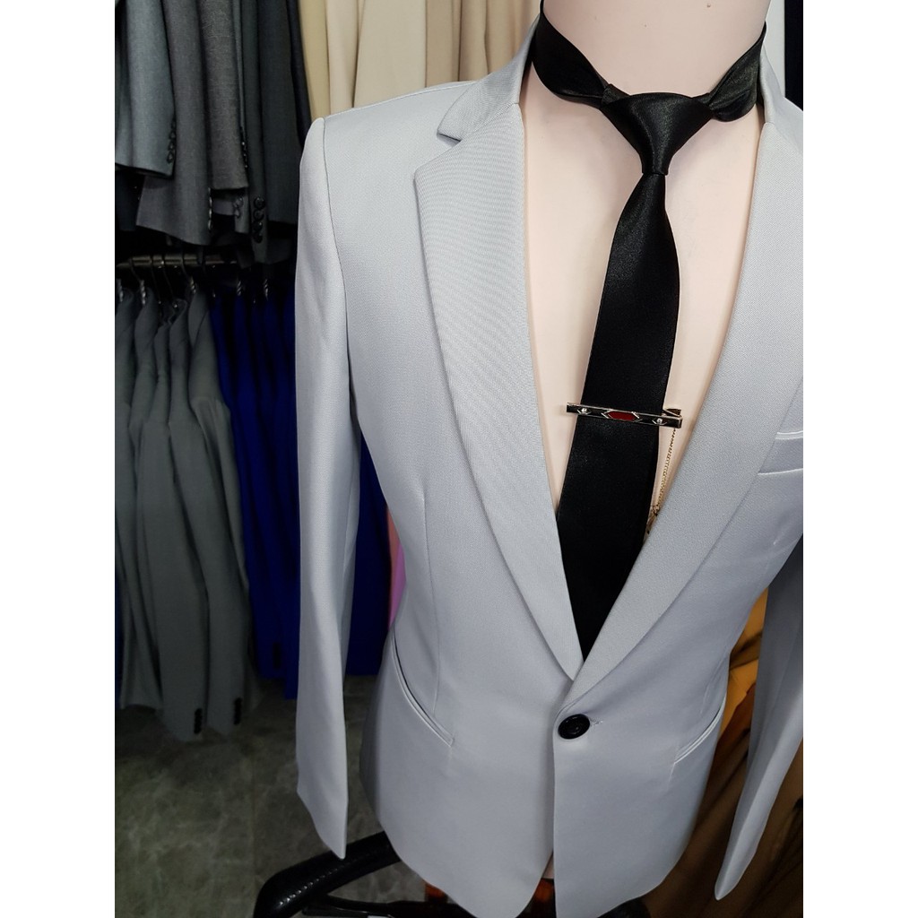 [Giá Chất] Bộ vest nam màu xám trắng form ôm body cá tính + cà vạt kẹp