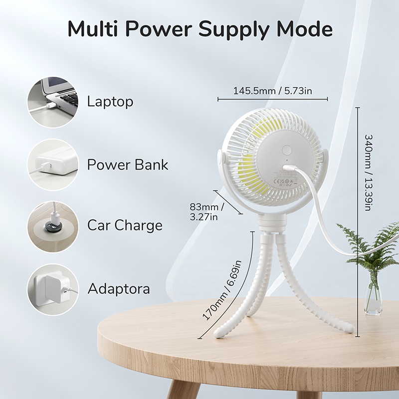 Quạt JISULIFE sạc USB có đế đỡ xoay 360° linh hoạt cho xe đẩy/ cầm tay/ ô tô đa năng