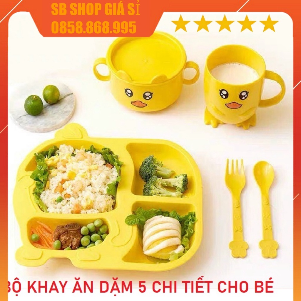 Bộ Khay ăn dặm, set 5 chi tiết tập ăn dặm hình vịt vàng ngộ nghĩnh cho bé