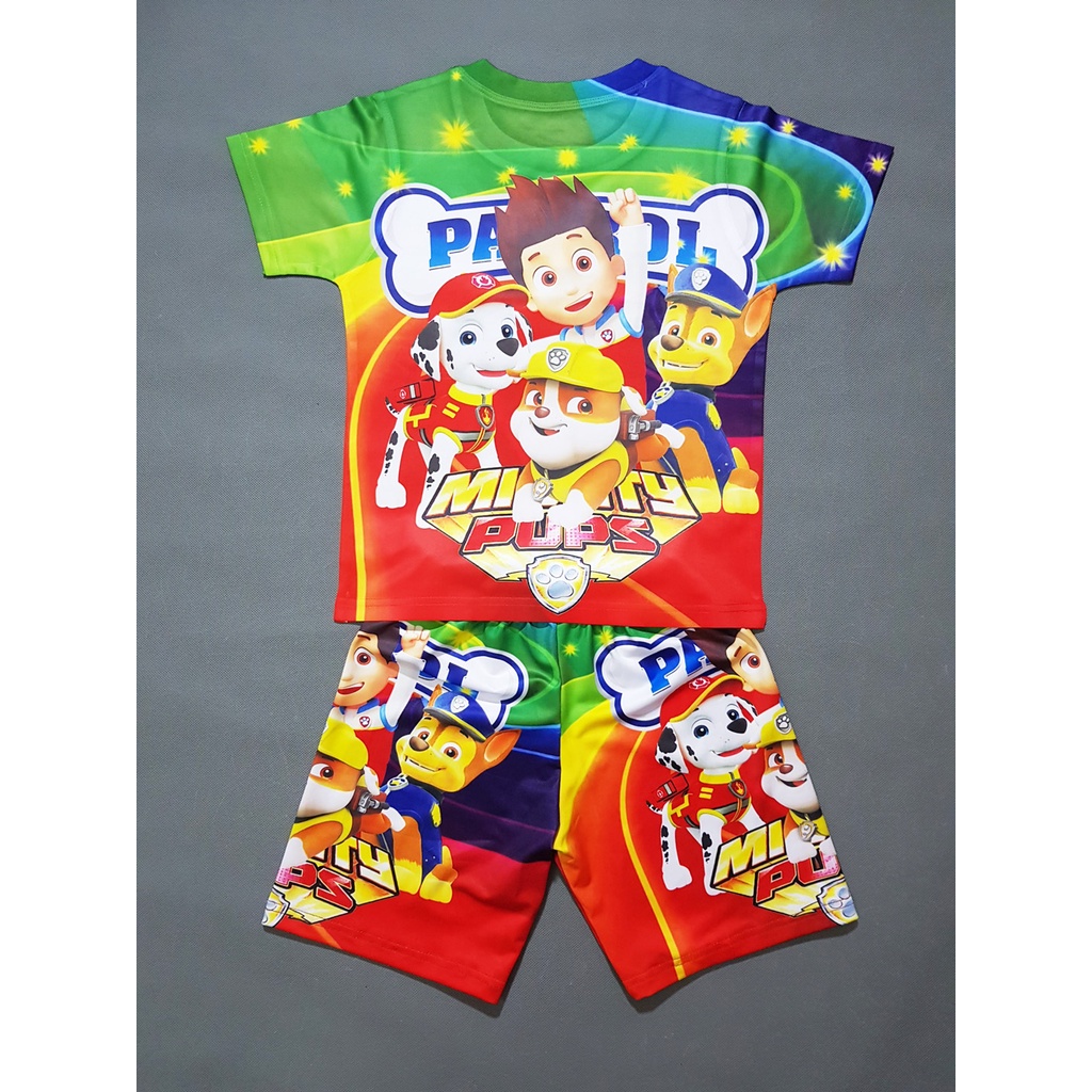 Bộ thun cotton lạnh bé trai in hoạt hình Among us paw patrol xe poli roborcar