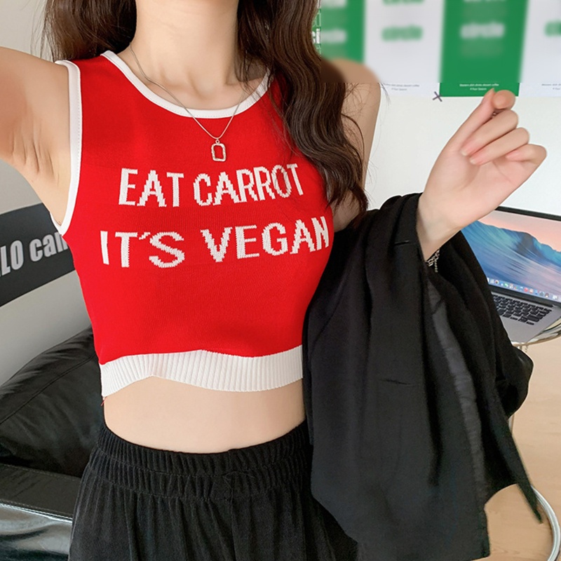 Xiangbao Áo Crop Top Dệt Kim Không Tay Phối Màu Tương Phản In Chữ S Tập Thể Dục Mùa Hè Cho Nữ