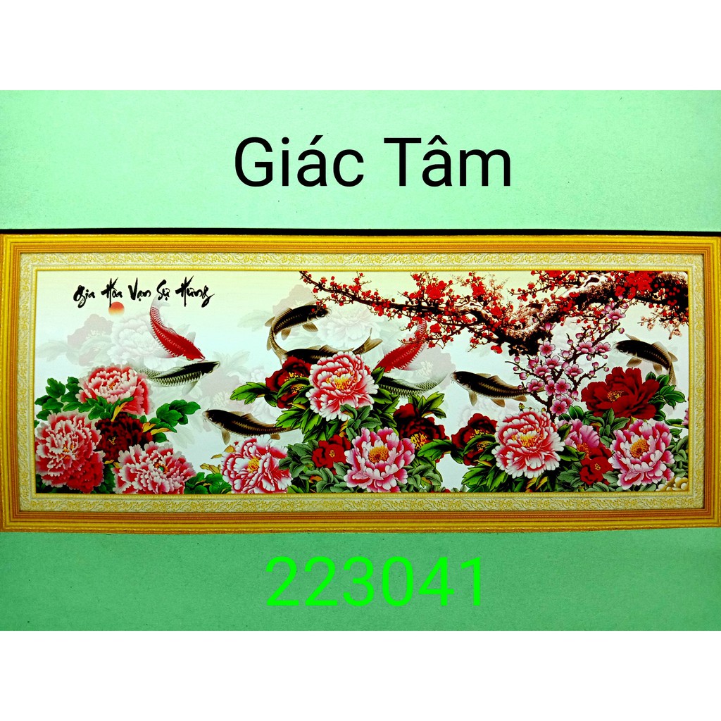 Tranh thêu GIA HÒA VẠN SỰ HƯNG - 136x53cm - 223041 - CỬU NGƯ 9 CÁ HOA MẪU ĐƠN MAI CHỮ - tranh thêu chữ thập chưa thêu
