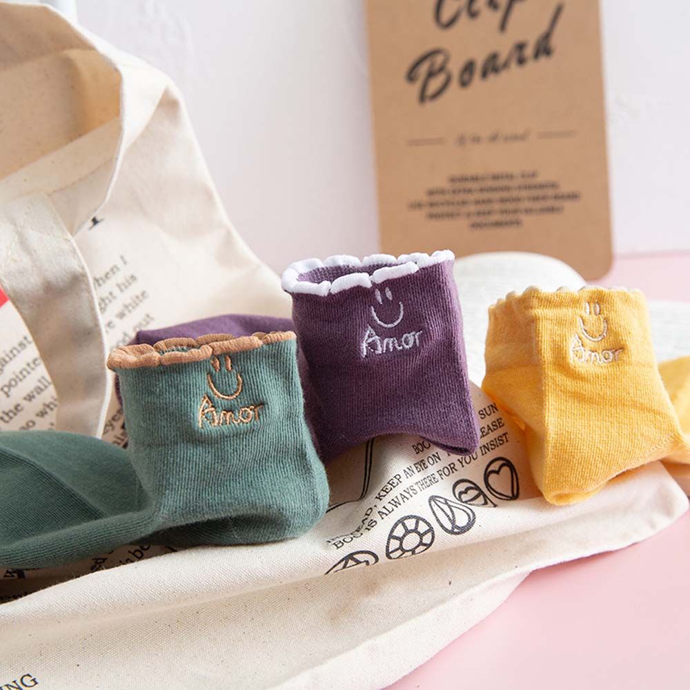 Bộ 7 đôi vớ cổ ngắn thoáng khí họa tiết mặt cười hoạt hình phong cách Harajuku Hàn Quốc cho nữ