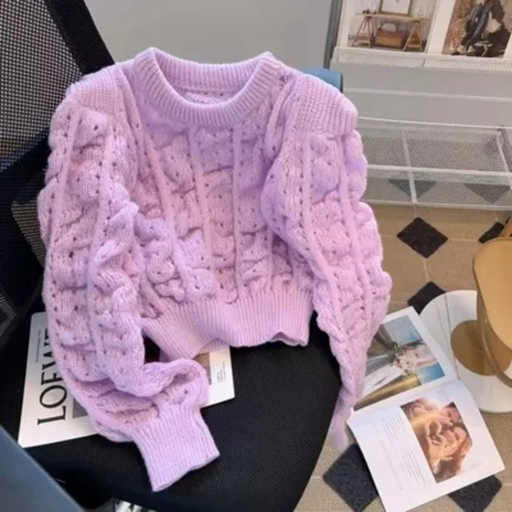 Áo Sweater Dệt Kim Mỏng Tay Phồng Dài Chiết Eo Thời Trang Mùa Thu Mới Cho Nữ