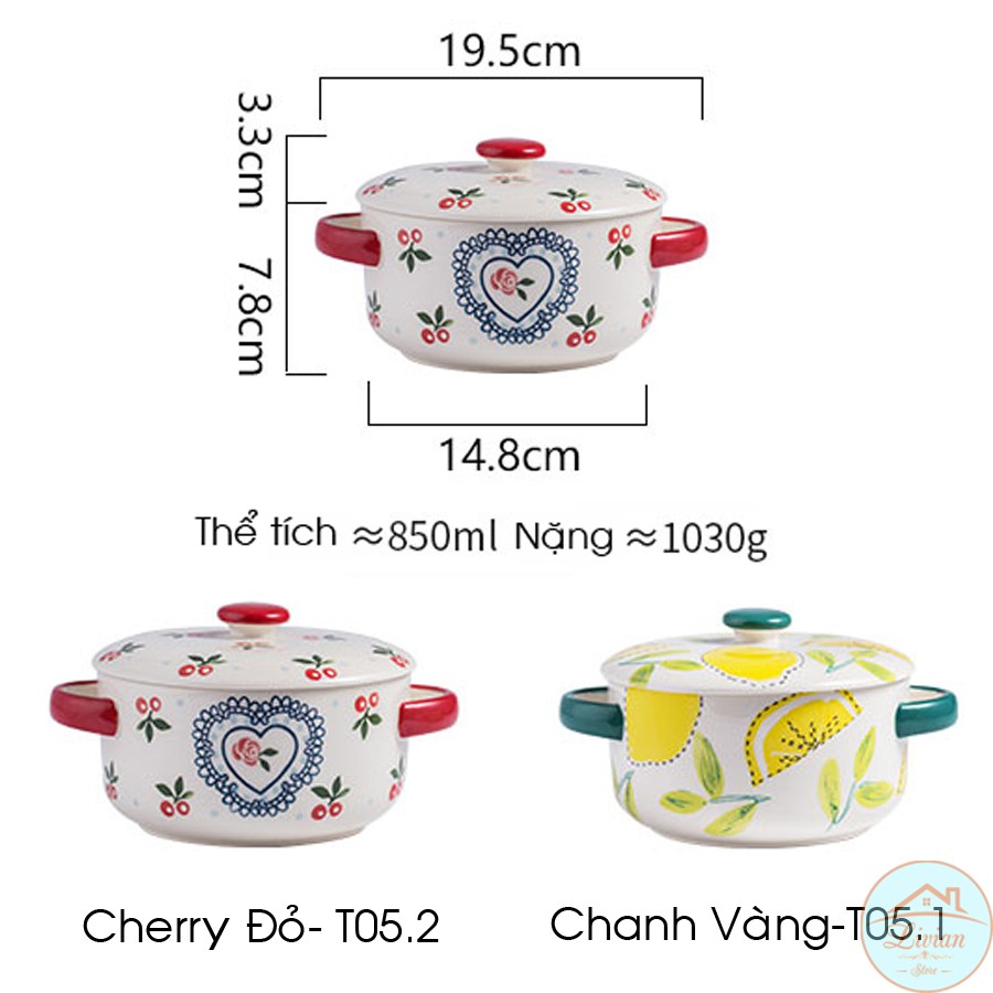 Tô sứ ăn mỳ,bát ăn dặm có 2 tay cầm kèm nắp họa tiết chanh vàng cherry đỏ 850ml .