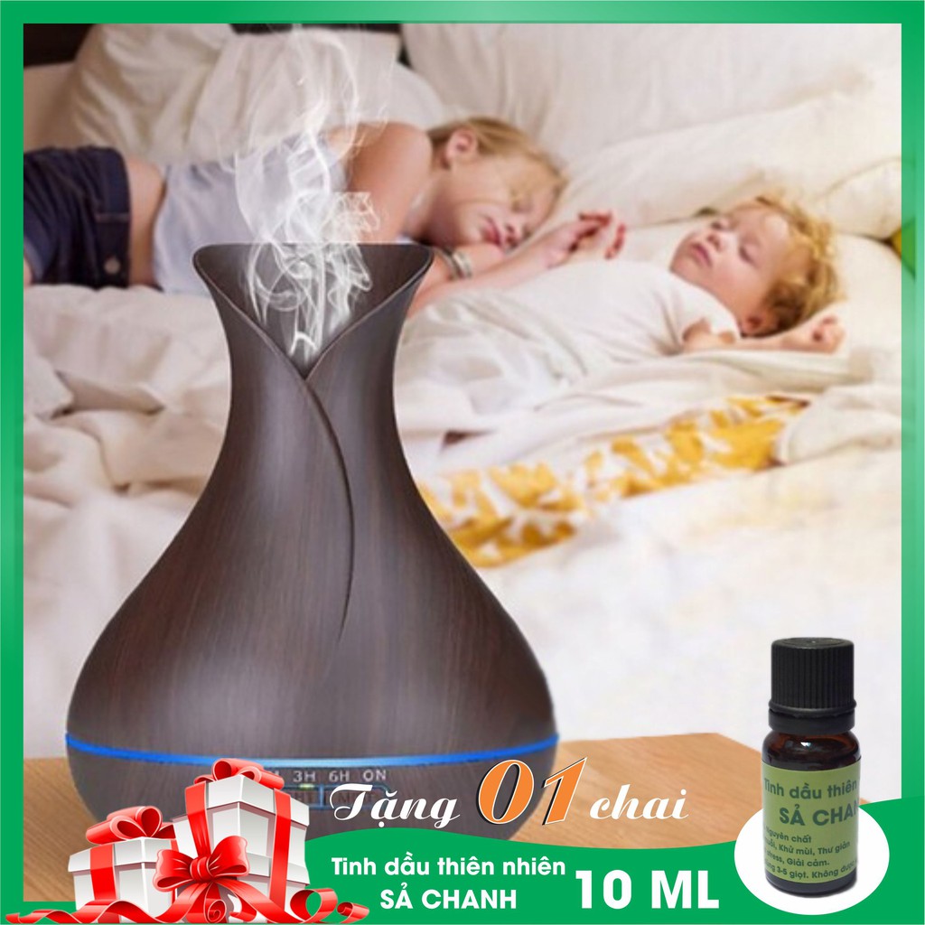 Máy khuếch tán tinh dầu hình hoa Tulip, dung tích 400ml, có đèn led đổi màu, tặng kèm chai tinh dầu sả chanh 10 ml