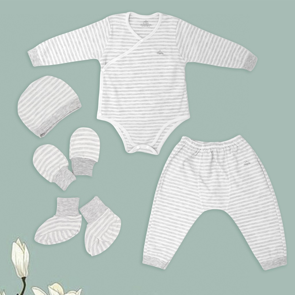 Set Bodysuit sơ sinh 5 món ComfyBaby (quần áo dài, bao tay chân, mũ) kẻ sọc màu xanh - 100% Cotton- chính hãng