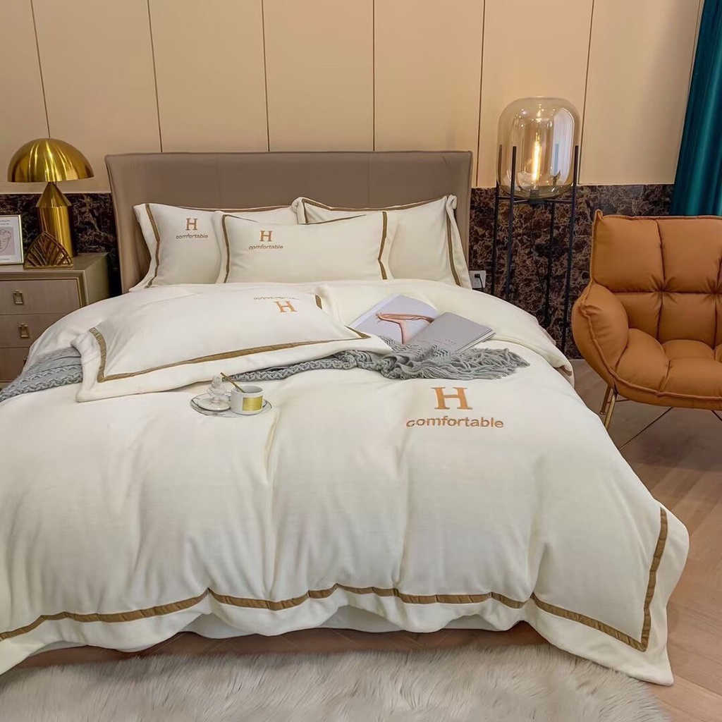 Bộ ga gối vỏ chăn nỉ chữ H 4 món  shop vũ thị thơm