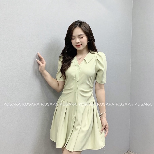 Váy Đầm Nữ Xanh Bơ Thiết Kế Chiết Eo Dáng Xòe Tay Ngắn Tiểu Thư Công Sở VV01
