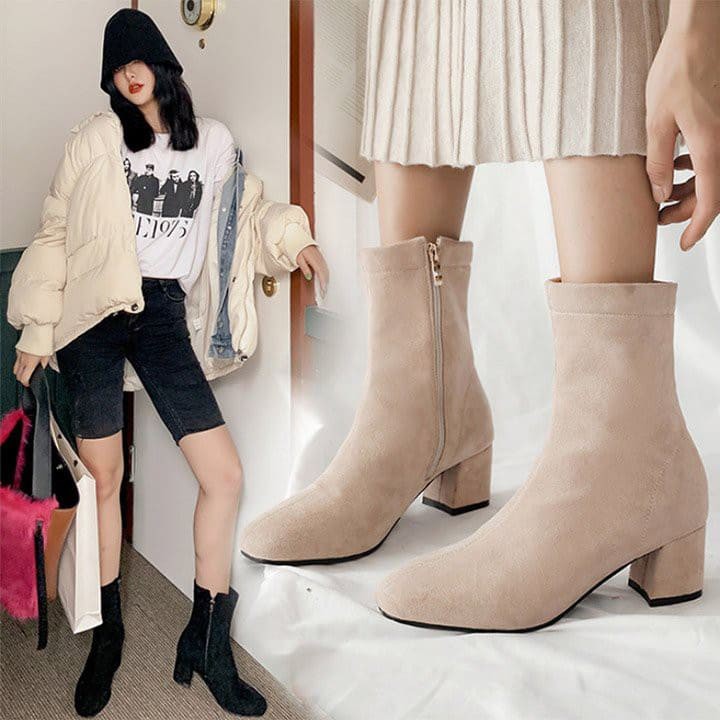 (có size40) BỐT NỮ CỔ LỬNG PHỐI DÂY KÉO SANG CHẢNH CHẤT DA NHUNG MỀM CAO CẤP - BOOTS NỮ 5CM BAO BỀN ĐẸP (ảnh thật)