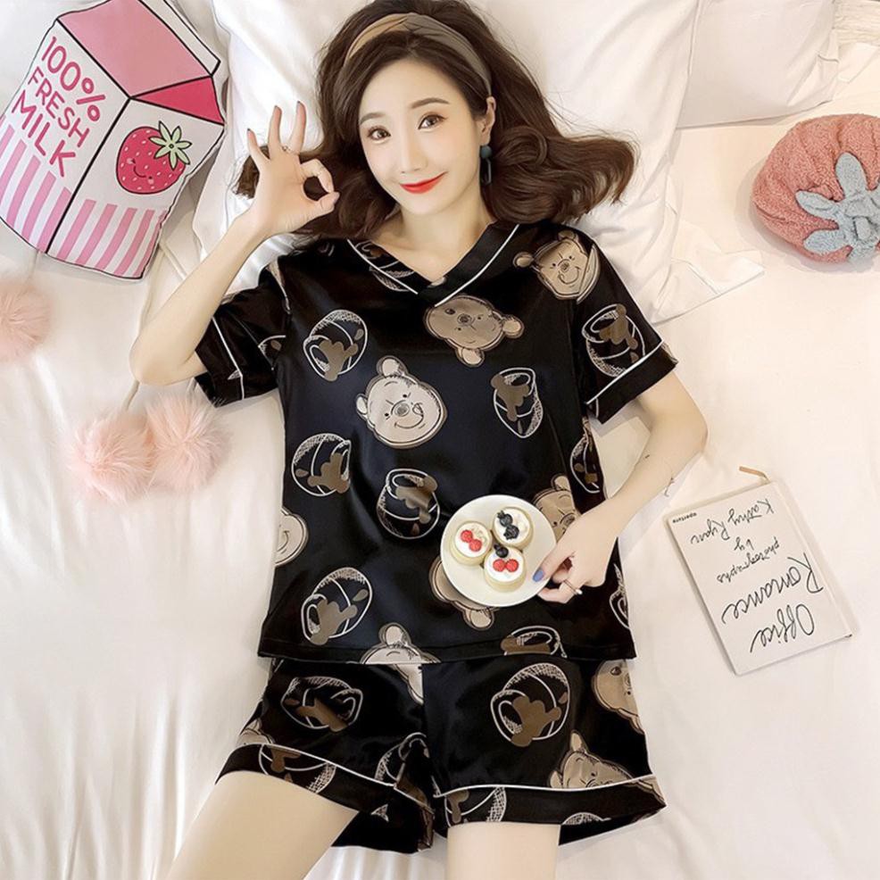 Quần áo ngủ,  Bộ ngủ pijama gấu Pooh đen ngắn tay cổ tim | BigBuy360 - bigbuy360.vn