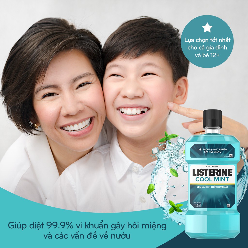 Bộ Nước Súc Miệng Giúp Hơi Thở Thơm Mát Listerine Cool Mint 750ml + Listerine Kids Mouthwash 250ml