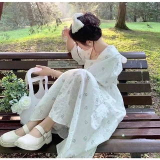 Đầm Babydoll dài voan cổ vuông hoạ tiết hoa thắt nơ tay bồng có bo chun freesize Pumi