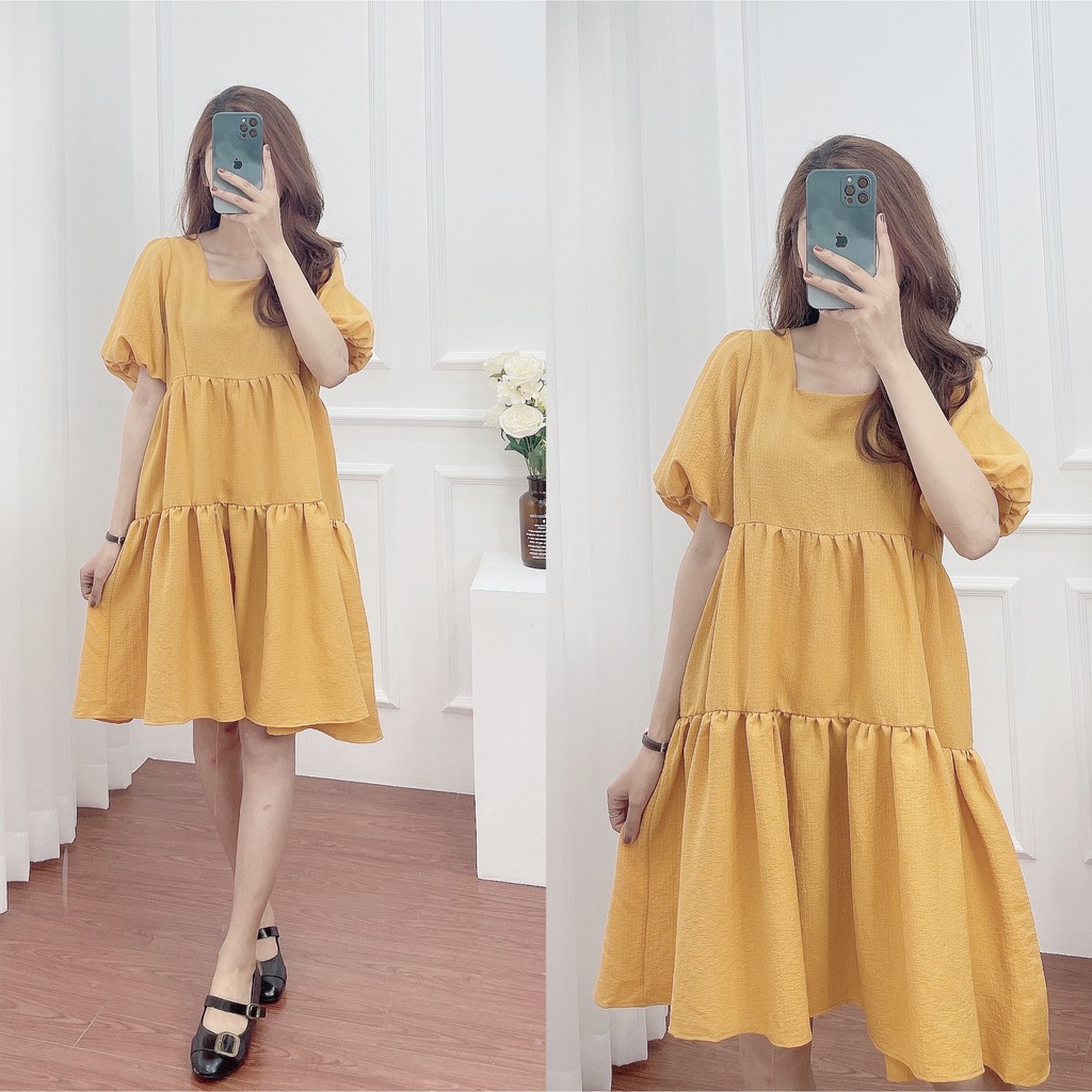 Váy baybydoll 2 tầng, cổ vuông,  tay bo phồng, đầm xuông rộng freesize 3 màu mã V176 - Michi's House | BigBuy360 - bigbuy360.vn