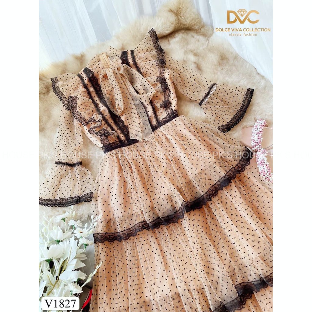 Váy Thiết Kế Dáng Xoè Be Chấm Bi Phối Ren Xếp Tầng V1827, Đầm Công Chúa Cao Cấp - PK Official | BigBuy360 - bigbuy360.vn