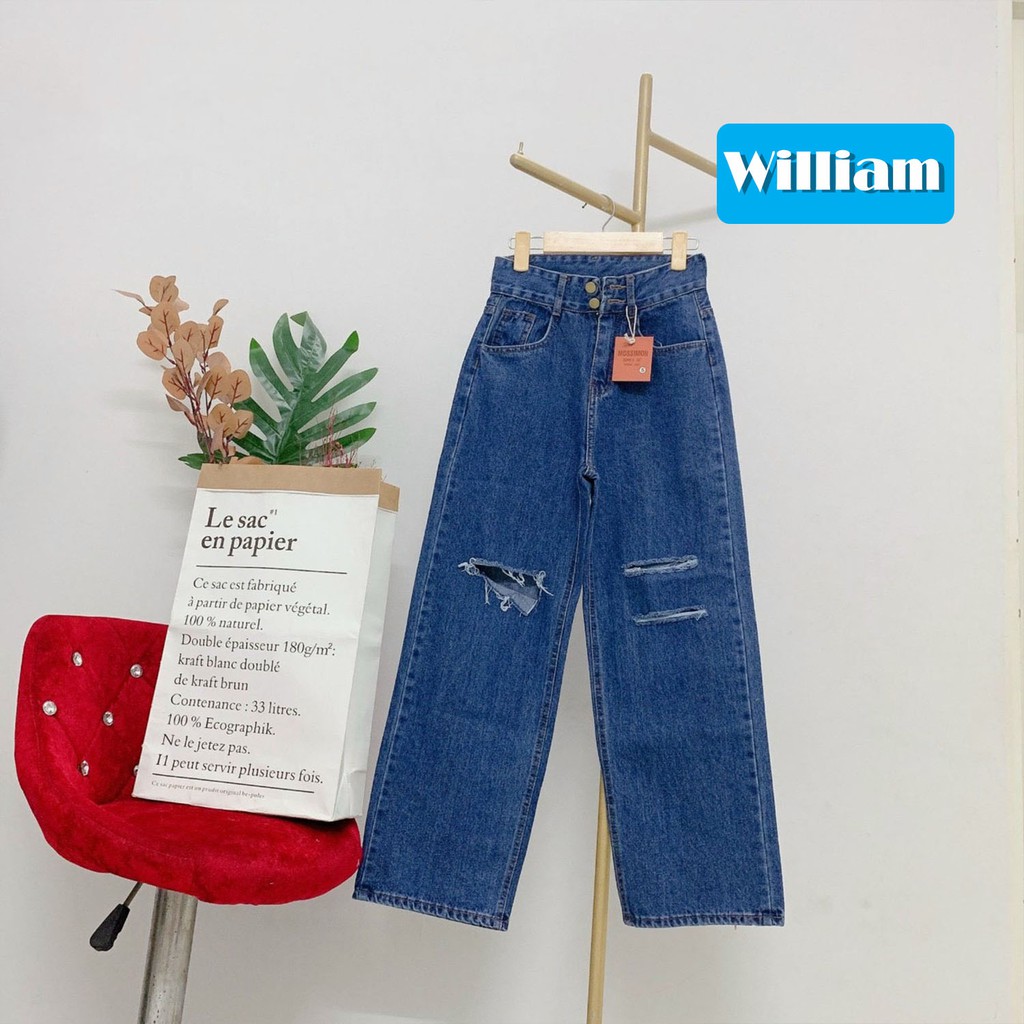 [FREESHIP_50K] Quần jean nữ baggy ống rộng trơn rách gối lưng cao William - AT94