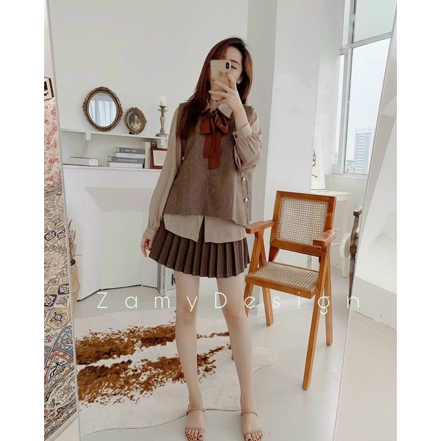 [Ảnh thật/video] Set áo sơmi kèm gile dạ ulzzang cột nơ sang chảnh