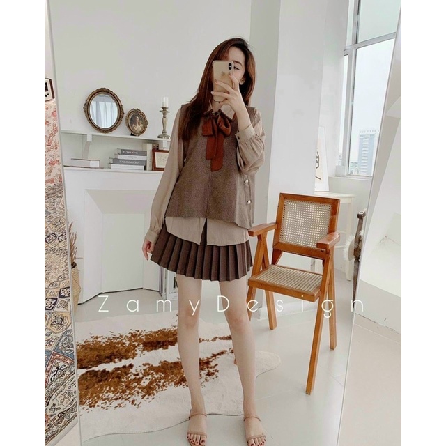 [Ảnh thật/video] Set áo sơmi kèm gile dạ ulzzang cột nơ sang chảnh | BigBuy360 - bigbuy360.vn