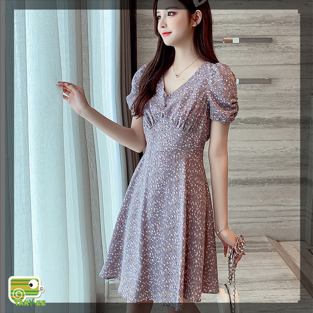 Váy Hoa Nhí, Đầm Mùa Hè Dáng Xòe Họa Tiết Hoa Tím Cực Hot
