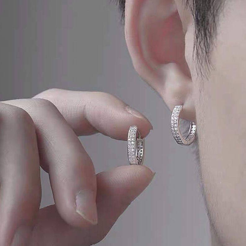 Khuyên tai bạc Khuyên tròn sát tai đính 2 hàng đá mẫu bấm 12mm Van Jewelry V10753