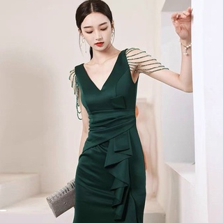 ĐẦM DẠ HỘI CỔ V TAY KẾT ĐÁ