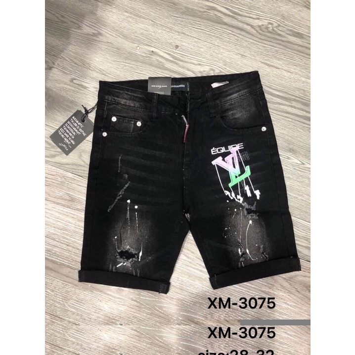 Quần short jean nam đen rách in họa tiết chữ thiết kế trẻ trung phong cách chất vải jean dày co dãn