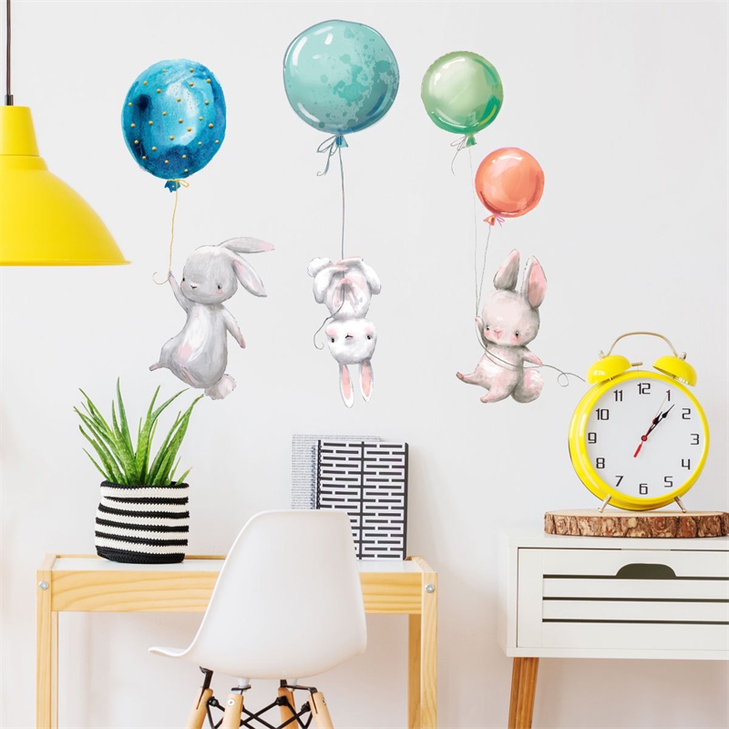 Tranh dán tường họa tiết hoạt hình thỏ và bong bóng dễ thương trang trí phòng ngủ/ phòng khách