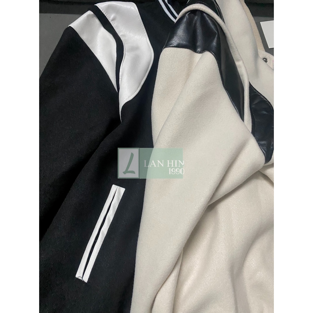 Áo Khoác Bomber Unisex Dạ Phối Vai Da 2 Màu Kem/Đen