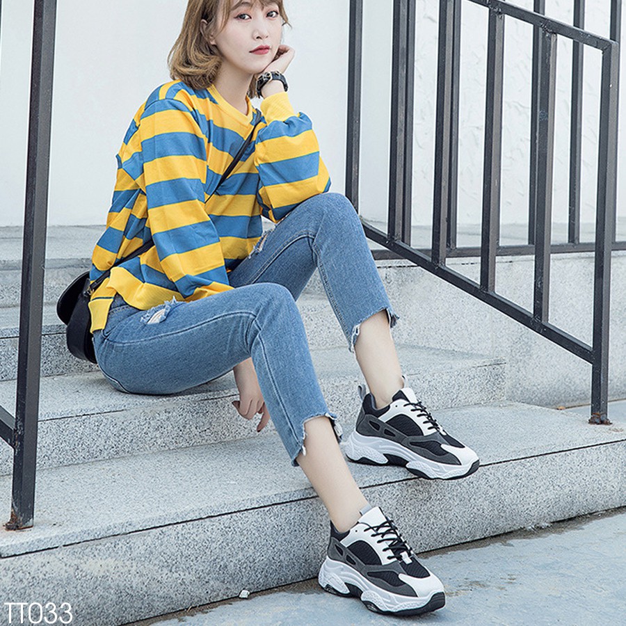 Giày Thể Thao Nữ, Sneaker Hàn Quốc Cao Cấp Giá Rẻ Đế Cao 5CM - Chất Da Phối Vải Lưới Đẹp (Có video thật) TT033/34