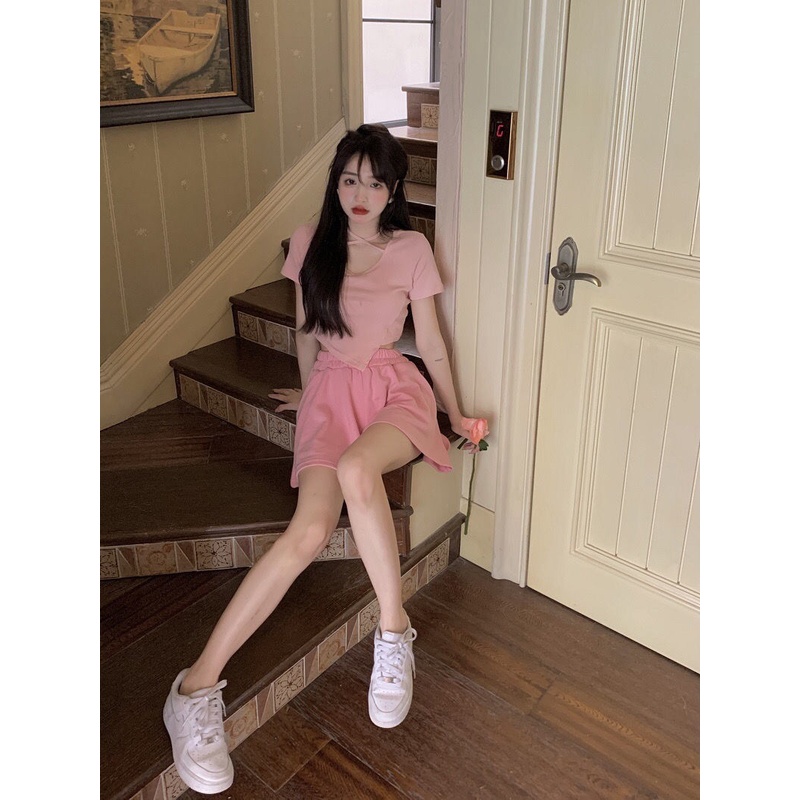 Bộ Áo Thun Hồng + Quần Short Dáng Ôm Thời Trang Mùa Hè Mới Cho Nữ