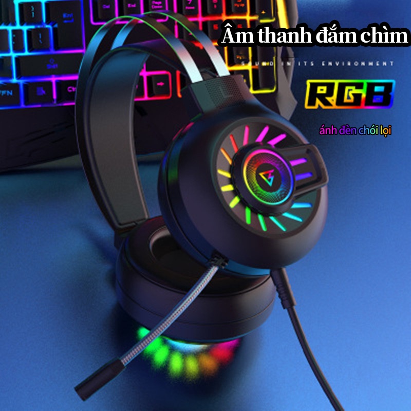 Tai nghe gaming  headphone H300 RGB phát sáng  chơi game màng bass kim lọai  âm thanh trầm kèm microphone