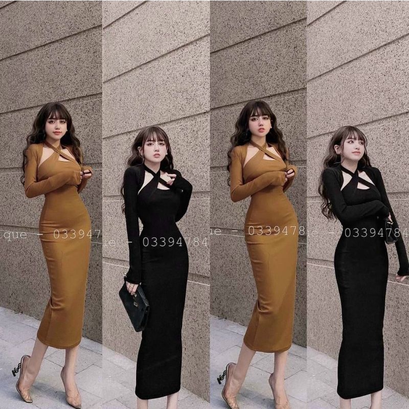 Đầm Thun Cổ Yếm Chéo Tay Dài Khoét Ngực - Dáng Dài Maxi Ôm Body Sexy