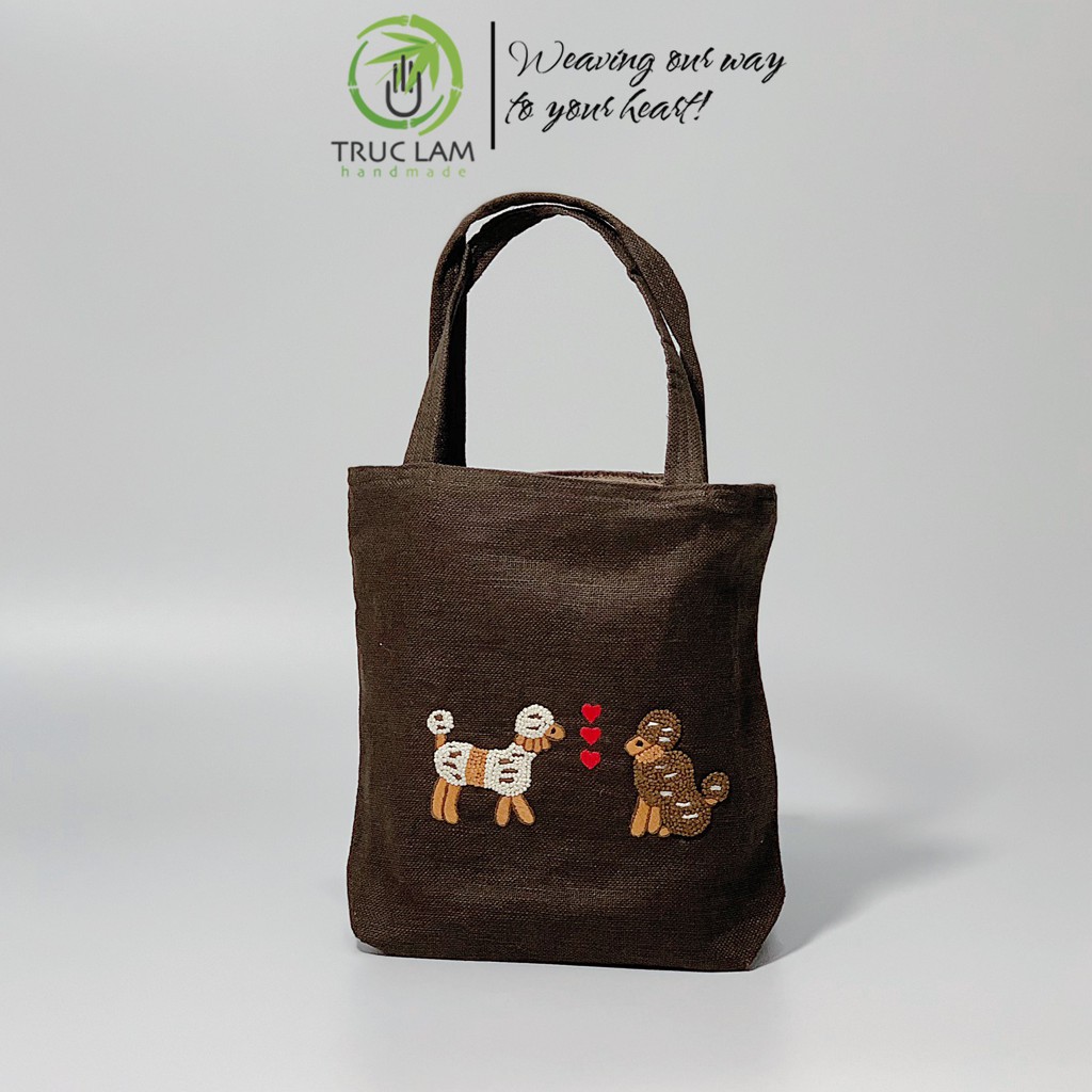 Túi Xách Vải Linen Thêu Tay Họa Tiết Hai Chú Chó (C) - Trúc Lâm Handmade